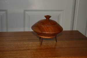 Small lidded box on stand. Silky Oak and Jarrah.