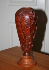 Vase with carved features. Jarrah and Carob.